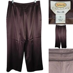 Talbots Womens 14P Petite Brown Silk Dress Pants Wide Leg High Rise
